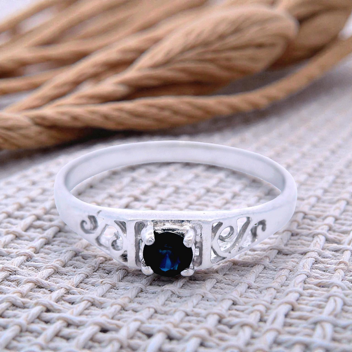 Sapphire Filigree Ring in White Gold