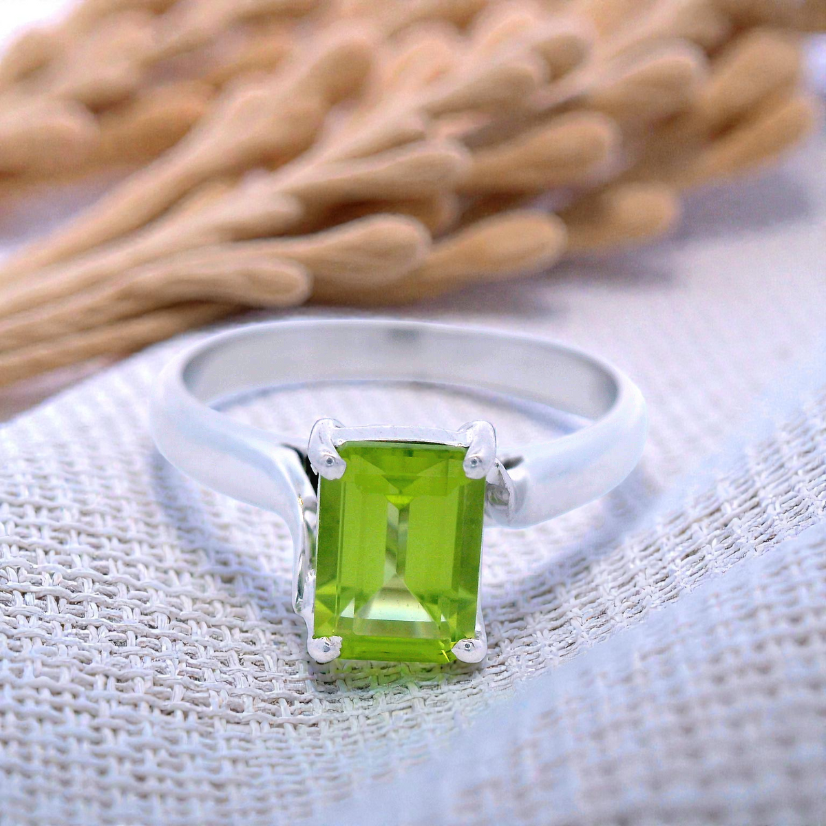 Square Peridot Stone in White Gold