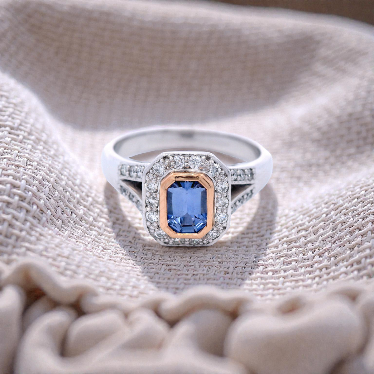 Ceylon Sapphire and Diamond Split Shank Dress Ring in White Gold