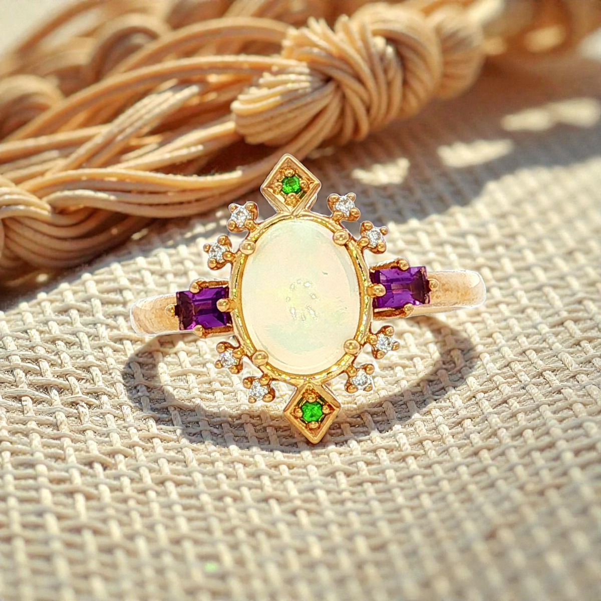 Amethyst and Opal - Crystal & Tsavorite Green in Yellow Gold