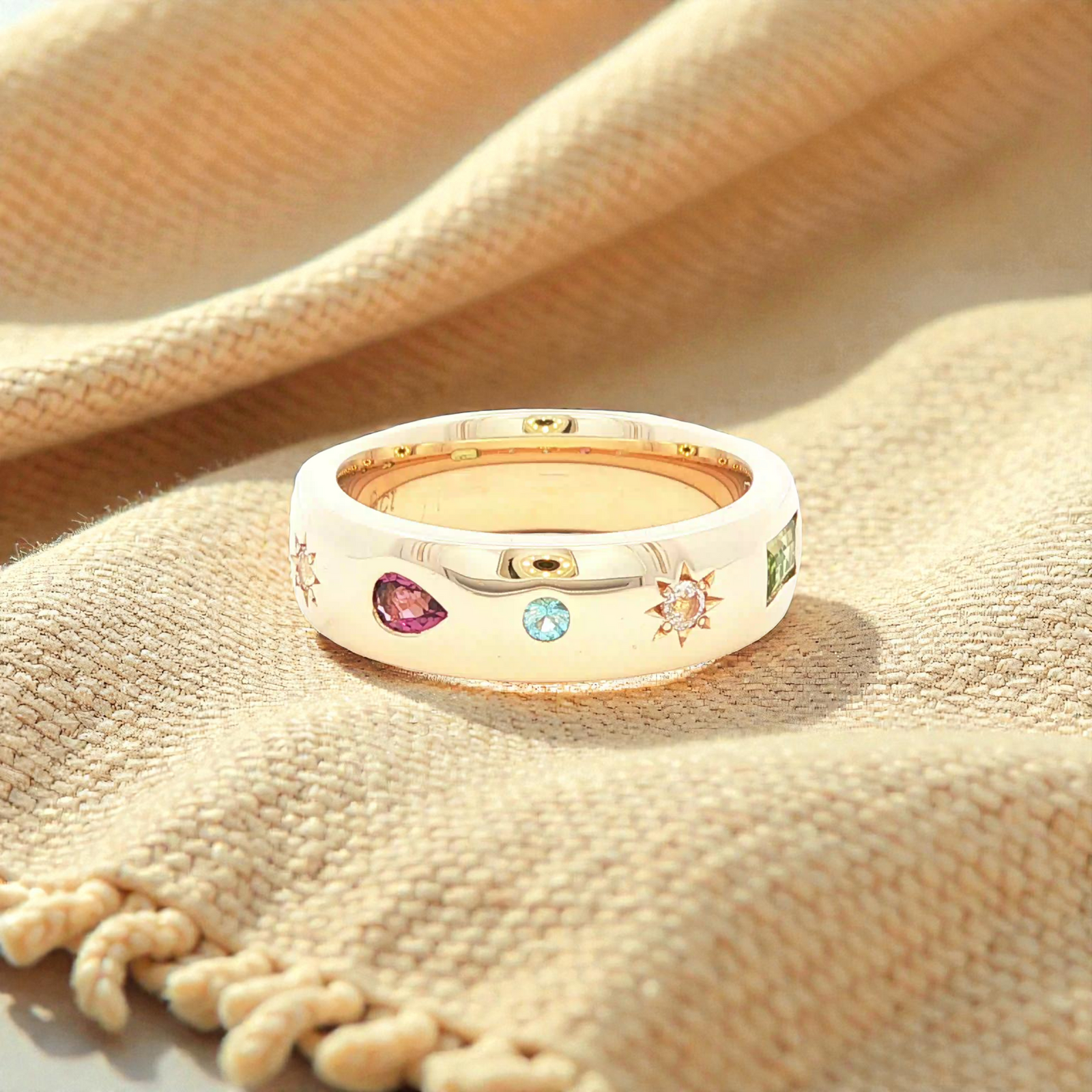 Morganite, Blue Topaz and Pink Tourmaline Dress Ring in Yellow Gold