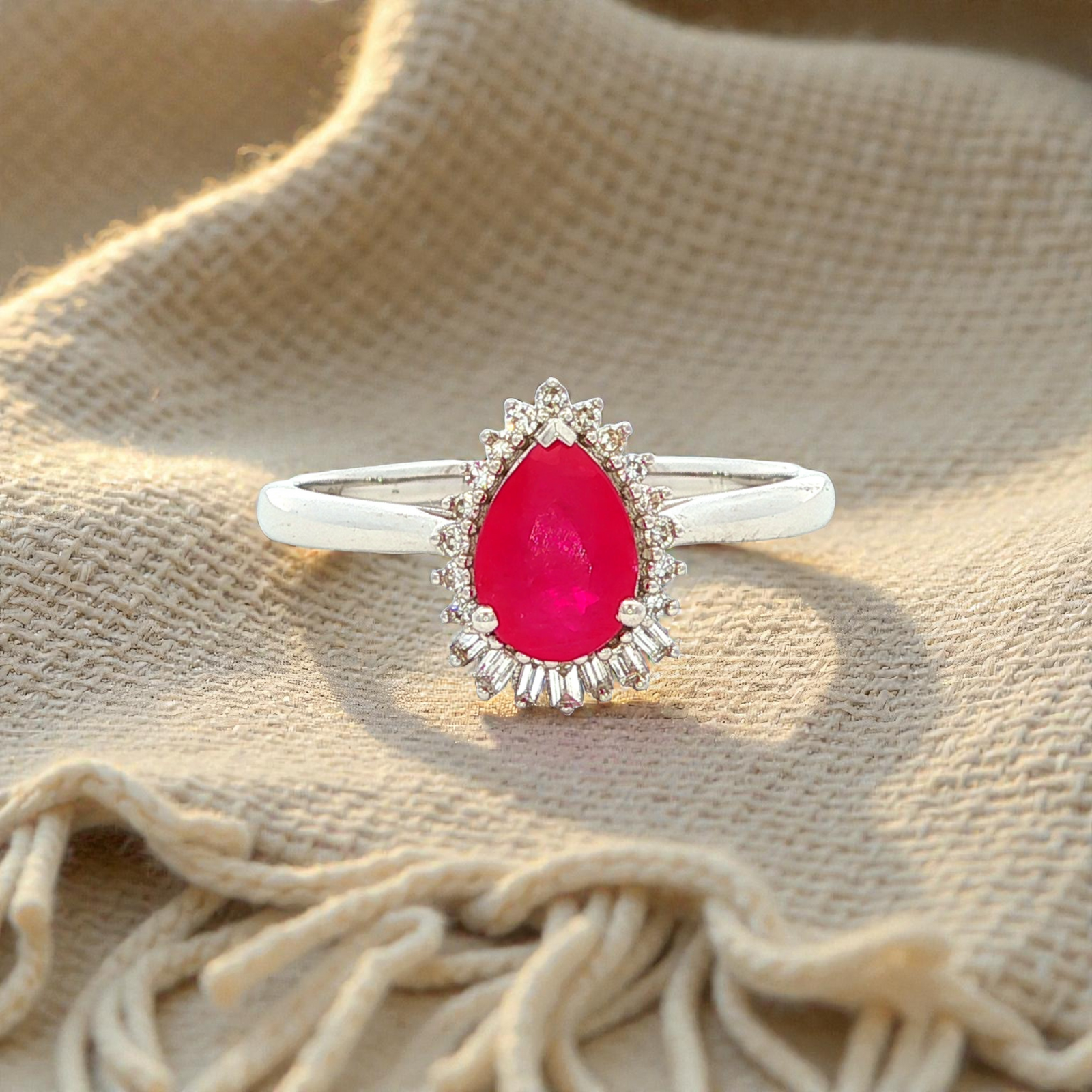 Pear Ruby Ring with Diamonds in White Gold