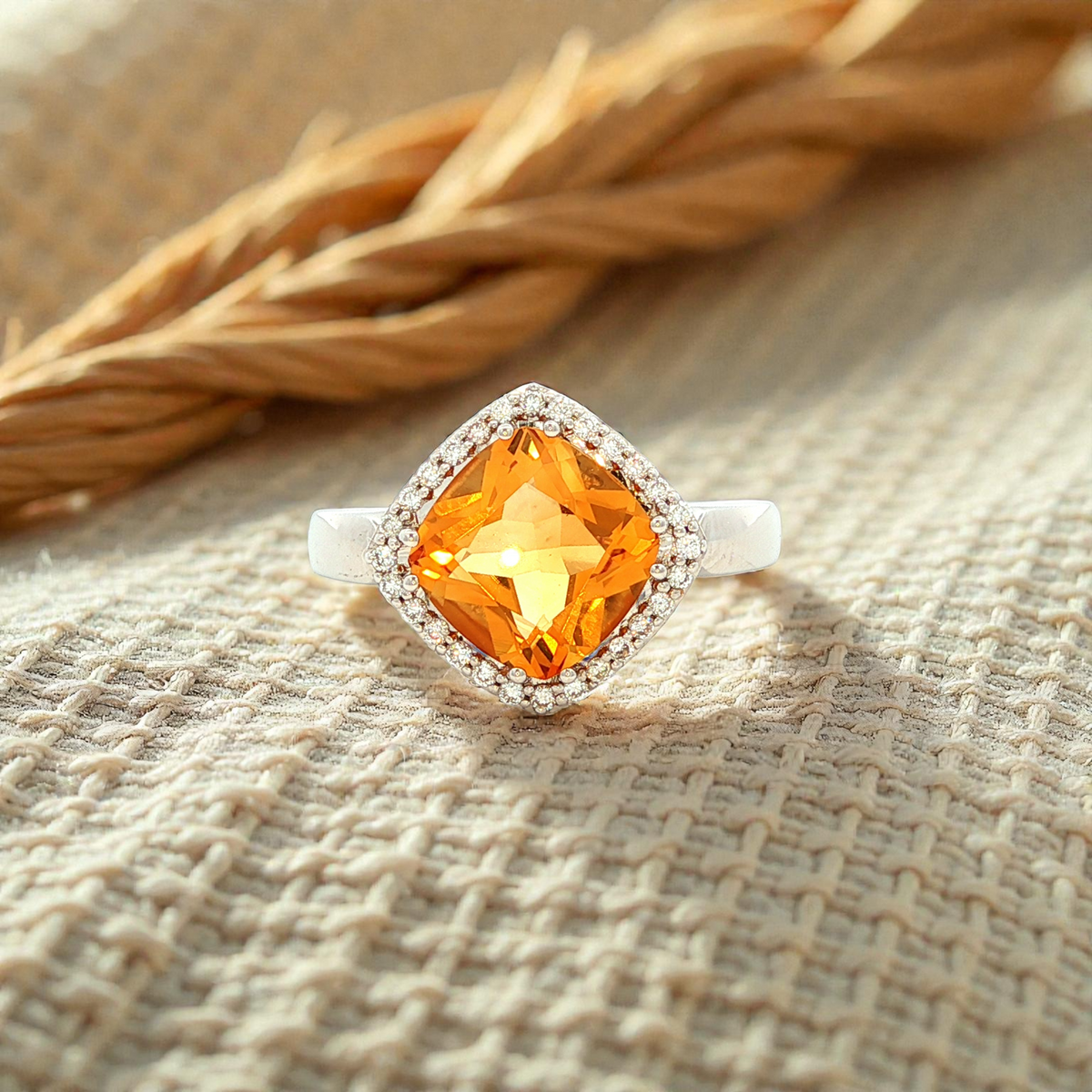 Citrine and Diamond Ring in White Gold