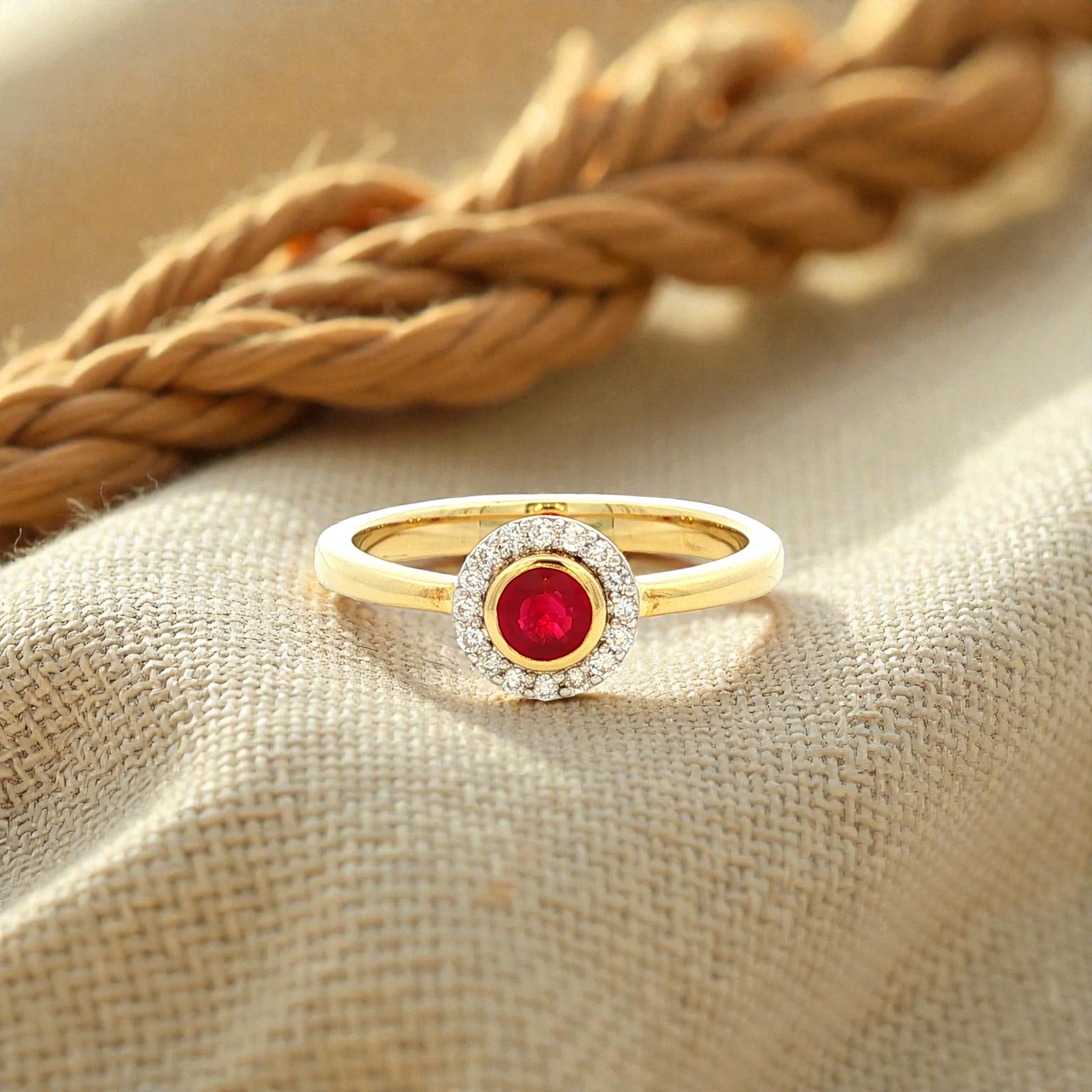 Ruby and Diamond Halo Ring in Yellow Gold