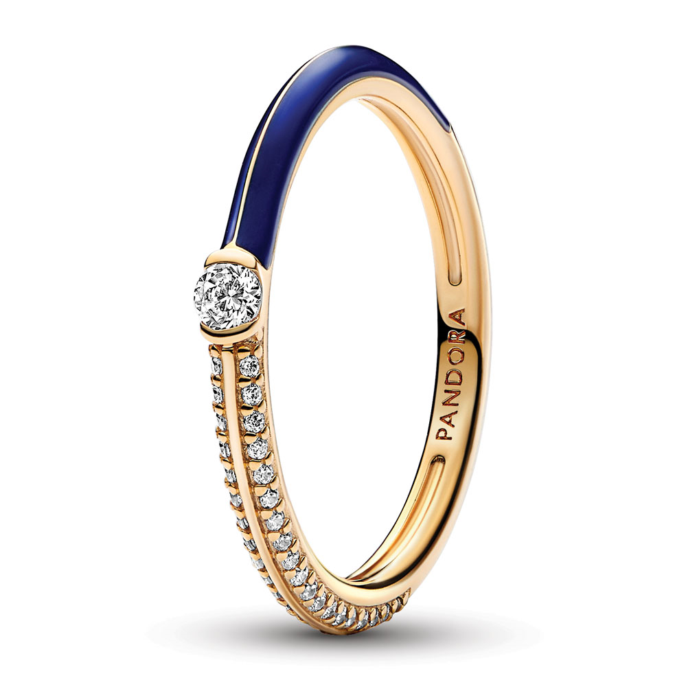 14k gold-plated ring with blue enamel and clear cubic zirconia