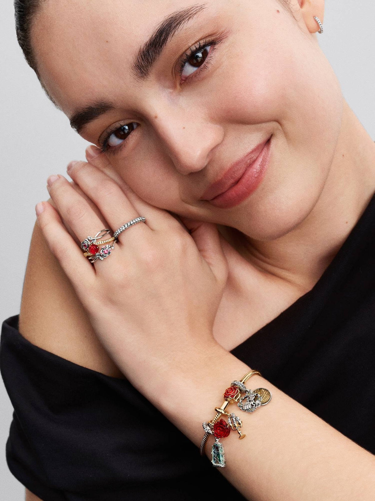Disney Beauty & The Beast snake chain 14k gold-plated bracelet with rose clasp and holo glittery red enamel