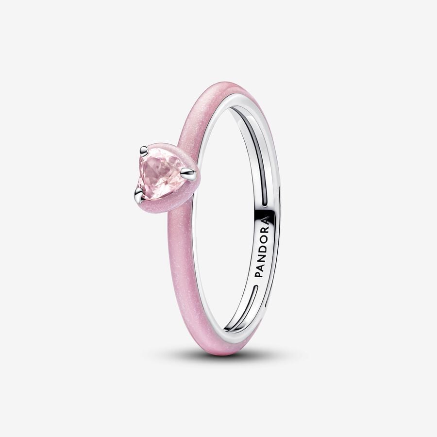Heart sterling silver ring with orchid pink crystal and glittery pink enamel