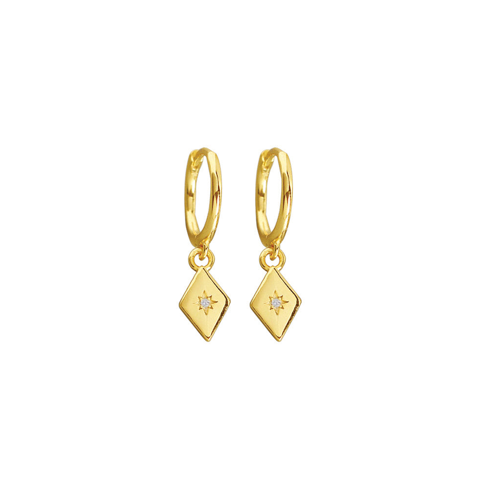 Premium Plated Brass Half Hoop Earrings with Diamond Shape Charm and CZ