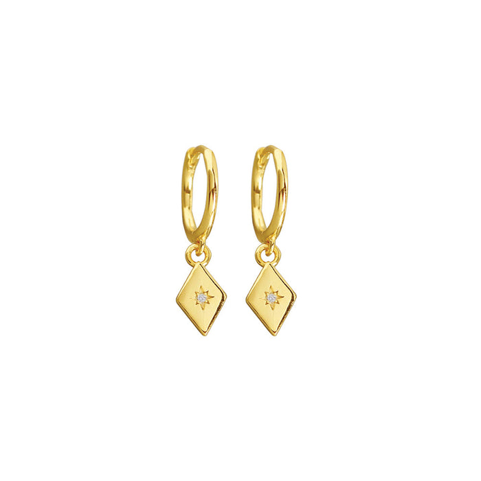 Premium Plated Brass Half Hoop Earrings with Diamond Shape Charm and CZ