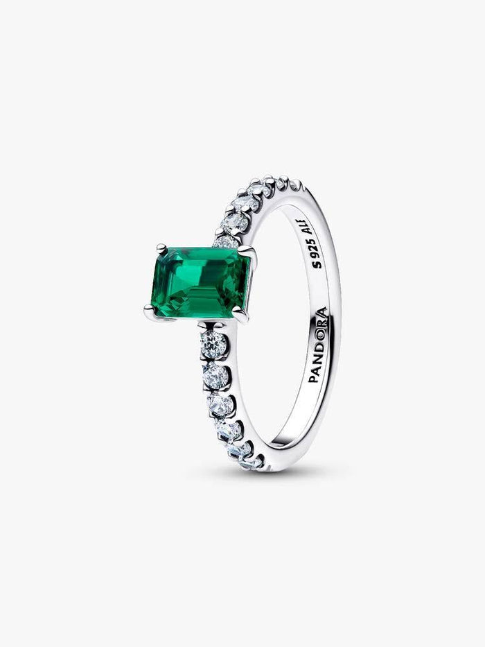 Sterling silver ring with royal green crystal and clear cubic zirconia