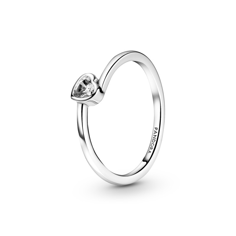 Clear Tilted Heart Solitaire Silver Ring w Clear CZ