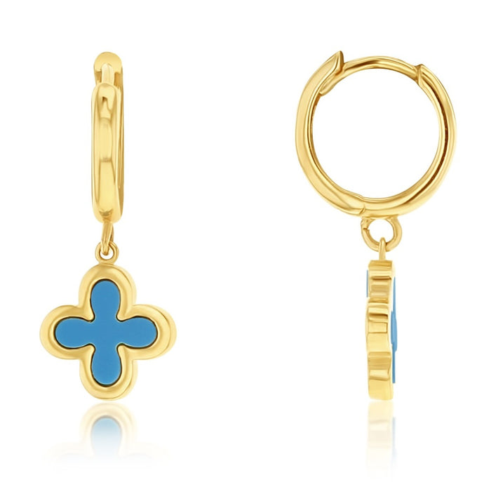 9K Yellow Gold Huggie with Blue Clover Drop