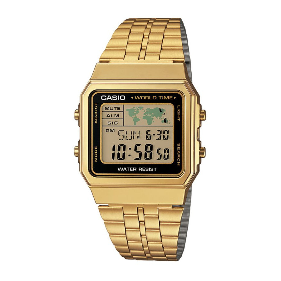 Casio Gents Digital Square LED Gold/Black Trim Gold Band