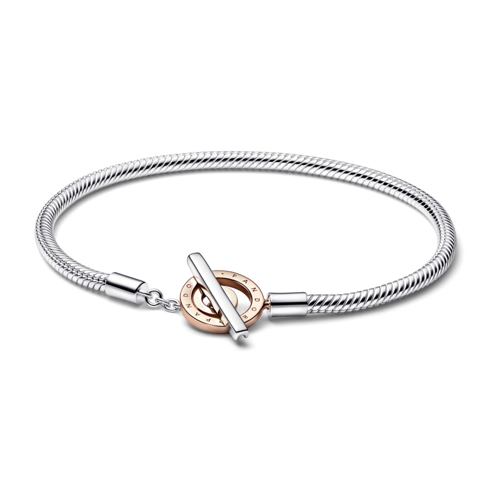 Pandora Snake chain sterling silver and 14k rose gold-plated toggle bracelet