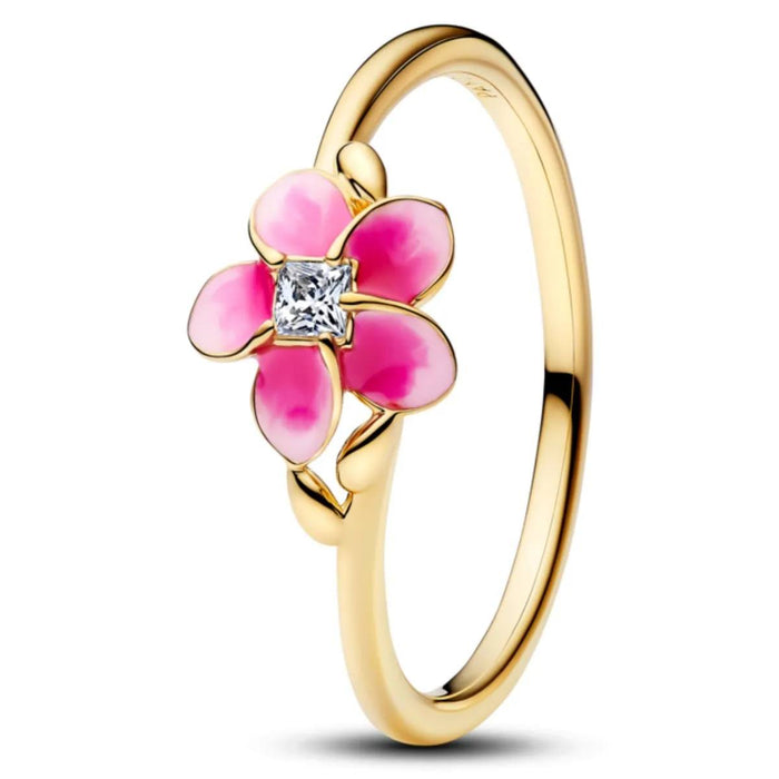 Disney Moana pink plumeria 14k gold-plated ring with clear cubic zirconia and shaded pink enamel