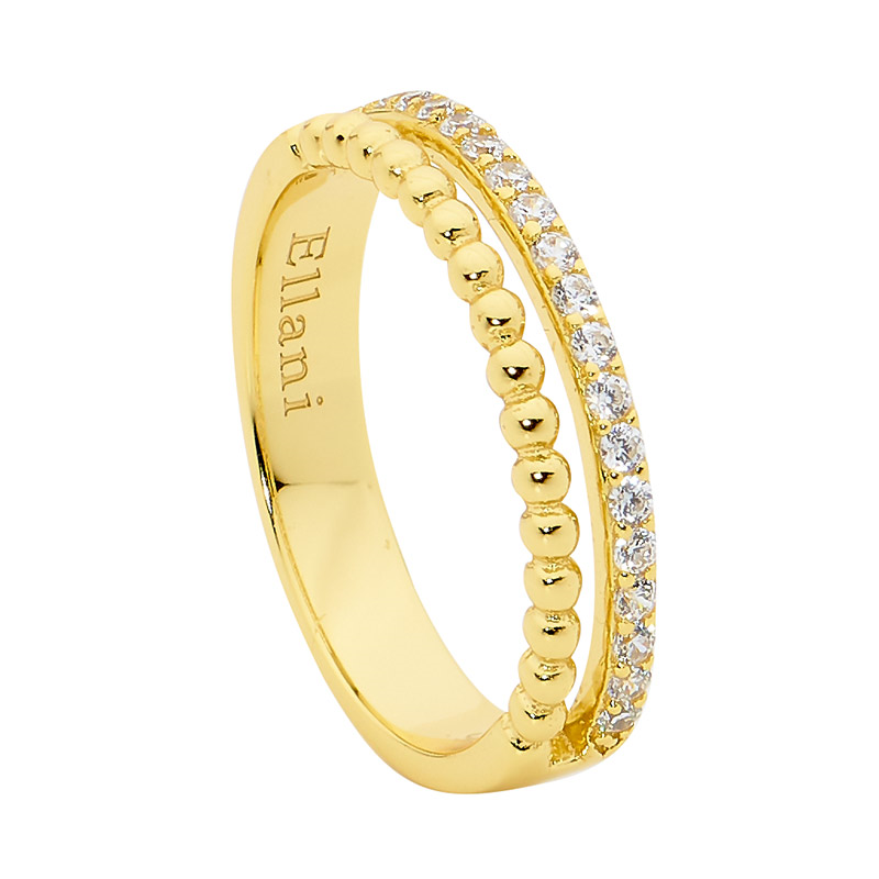 Ellani SS WH CZ & Bubble Split Band Ring w/ Gold Plating