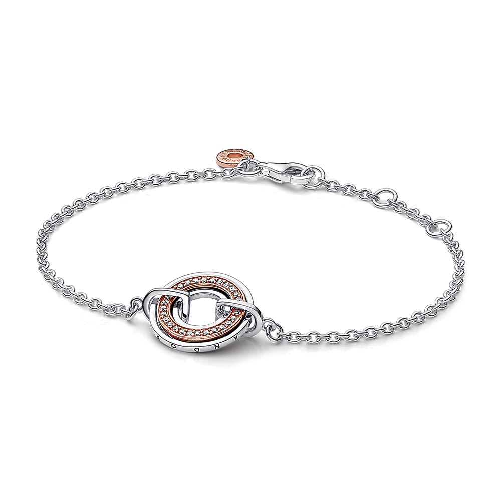 Pandora logo sterling silver and 14k rose gold-plated bracelet with clear cubic zirconia