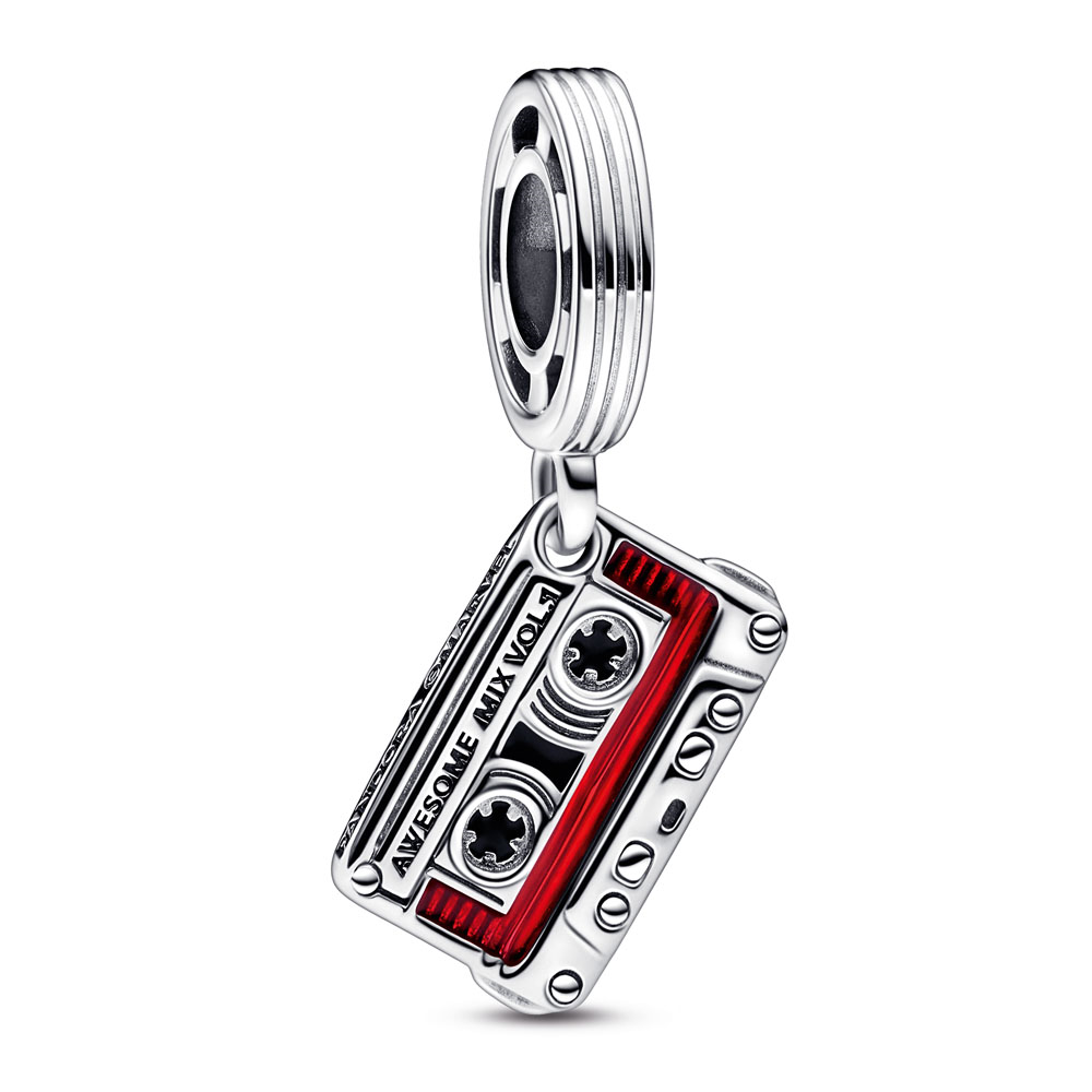 Marvel cassette tape sterling silver dangle with black and transparent red enamel