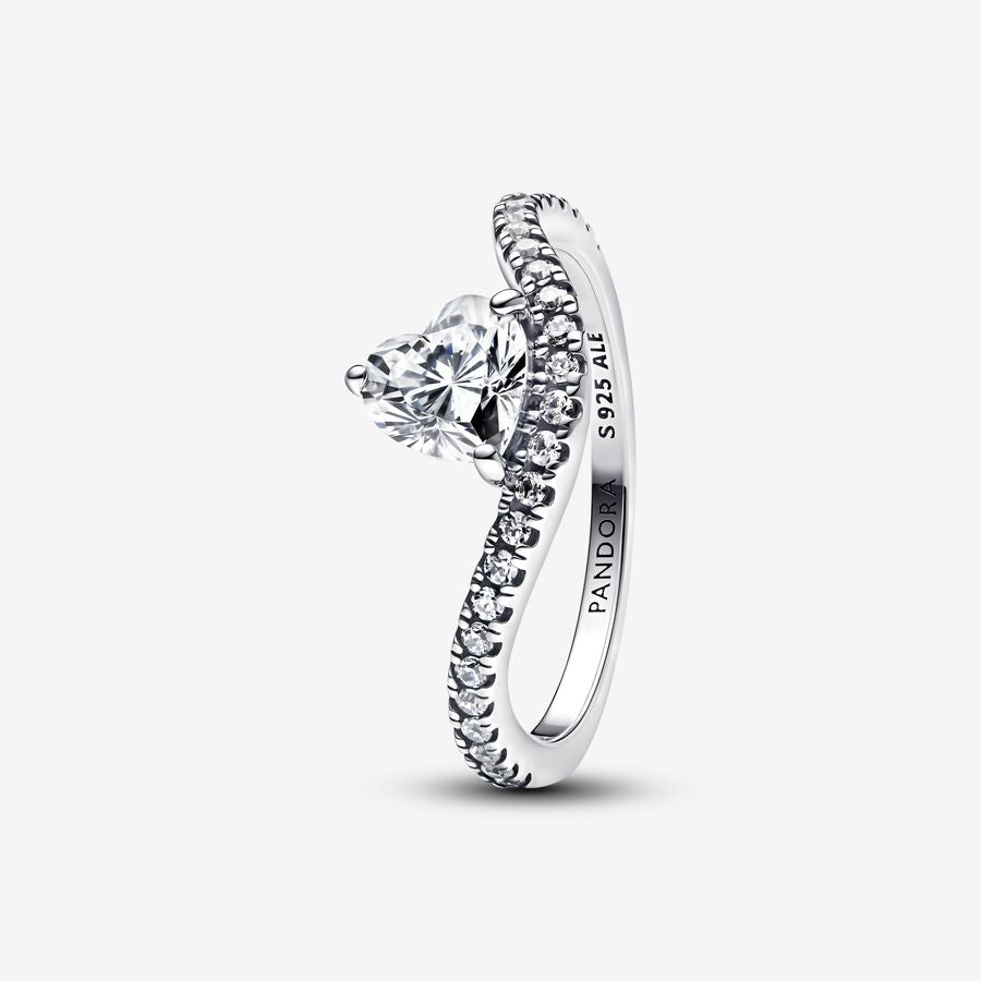 Wave heart sterling silver ring with clear cubic zirconia