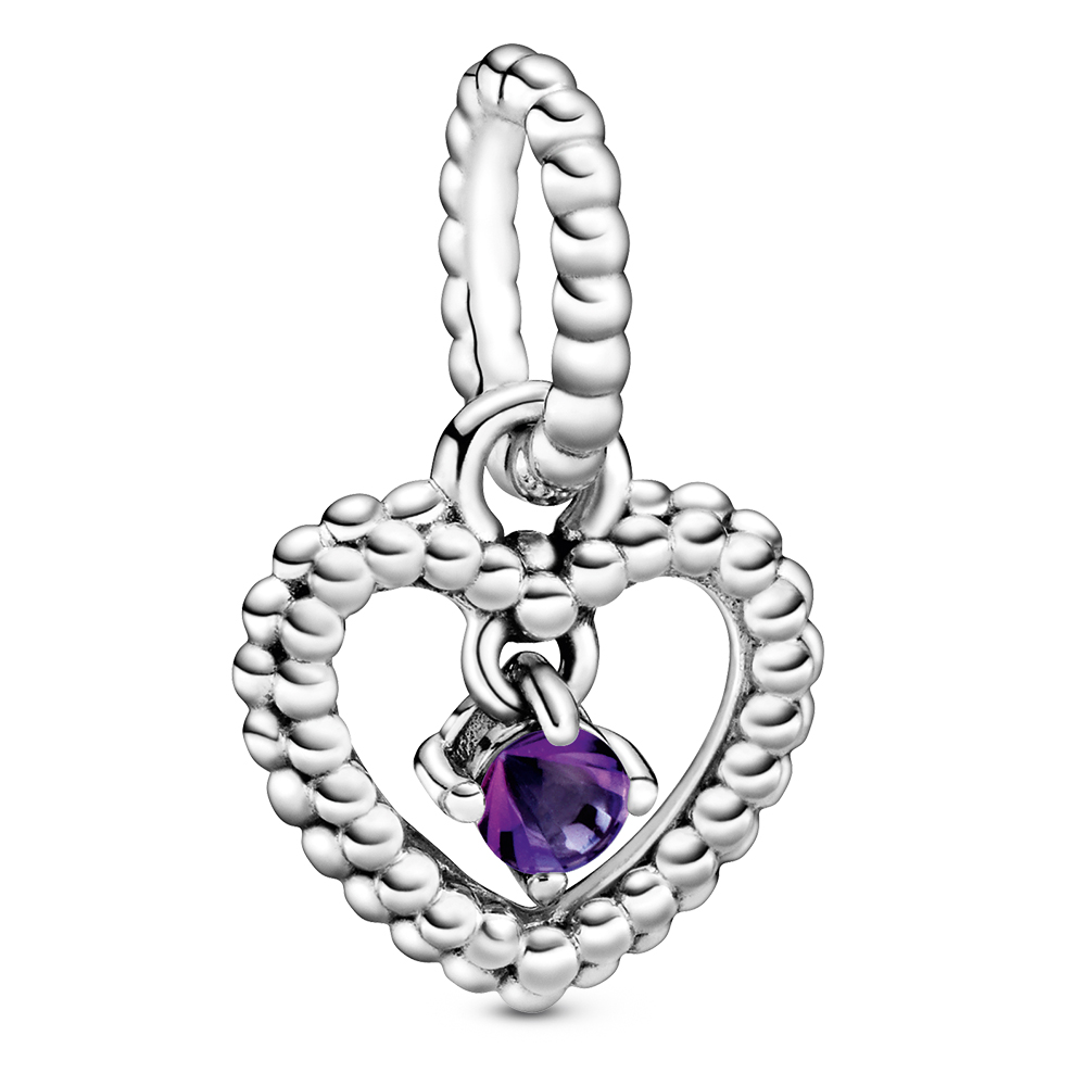 February Purple Heart Silver Hanging Charm with Man-Made Purple Crystal