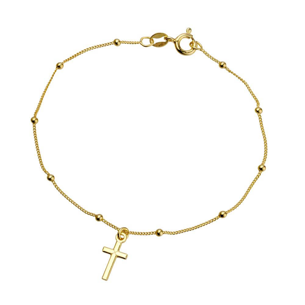 Sterling Silver Cable Chain and 2mm Bead Bracelet with Cross Pendant