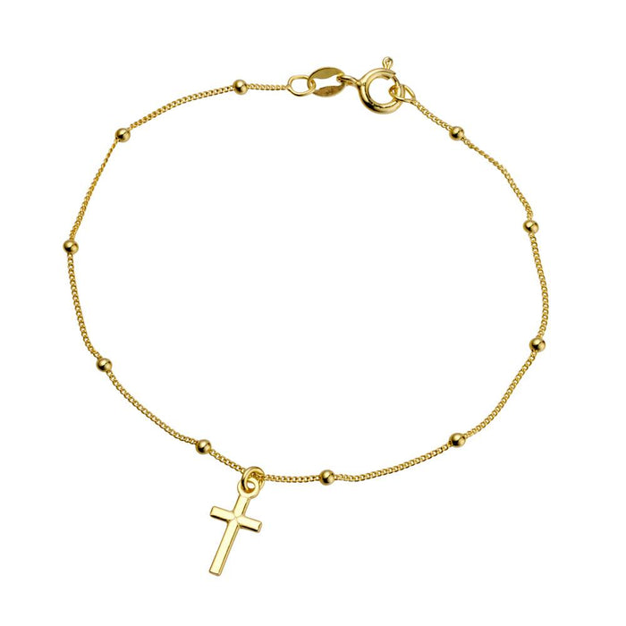 Sterling Silver Cable Chain and 2mm Bead Bracelet with Cross Pendant