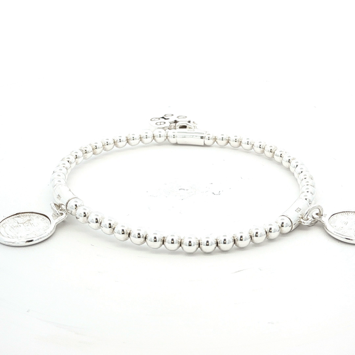 Sterling Silver Stretchy Ball Bracelet with Triple Tiny Tokens