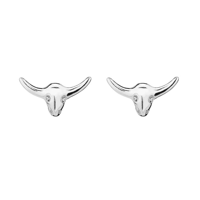 Sterling Silver Bull with CZ Stud Earrings