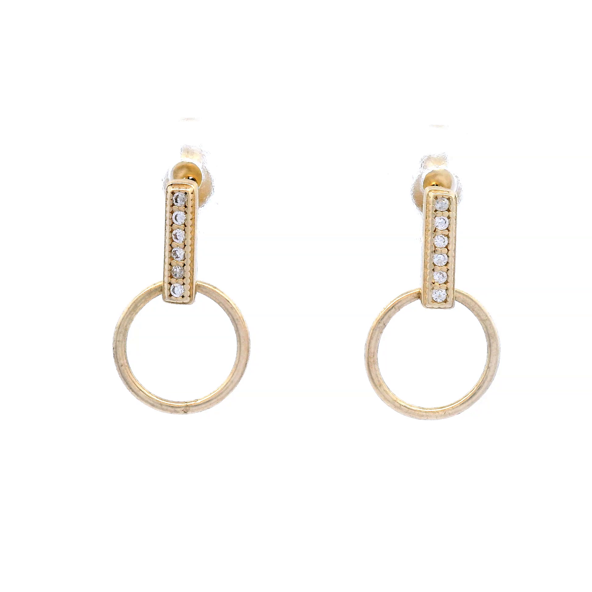 Cubic Zirconia Bar Stud Earrings with Hoop Dangle in Yellow Gold