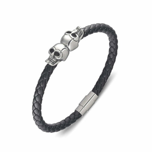 Blaze Stainless Steel Men’S Black Leather Bangle With Double Skulls And Shiny Clasp In Steel