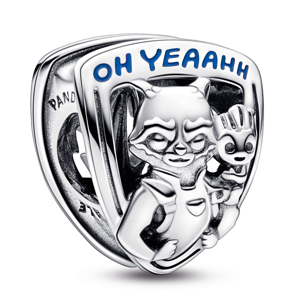 Marvel Rocket and Groot sterling silver charm with dark blue and shimmering blue enamel