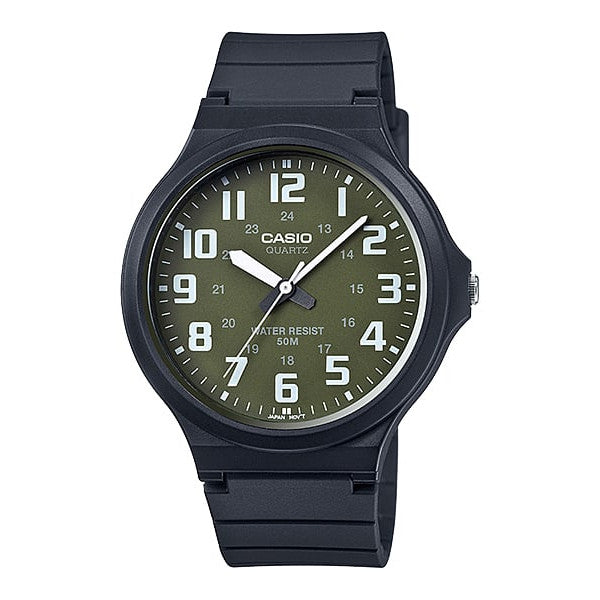 Casio Gents Analogue Black Face White Numbers, Green Resin Band