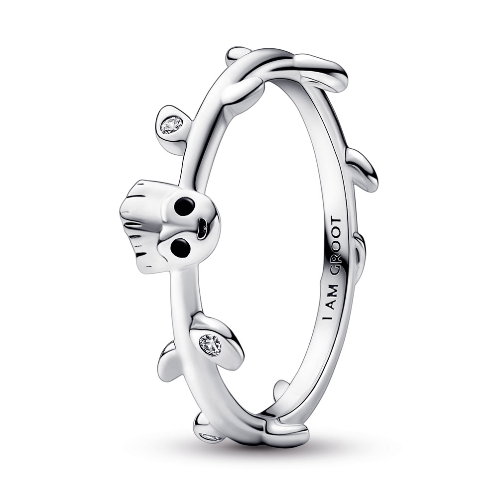 Marvel Baby Groot sterling silver ring with clear cubic zirconia and black enamel