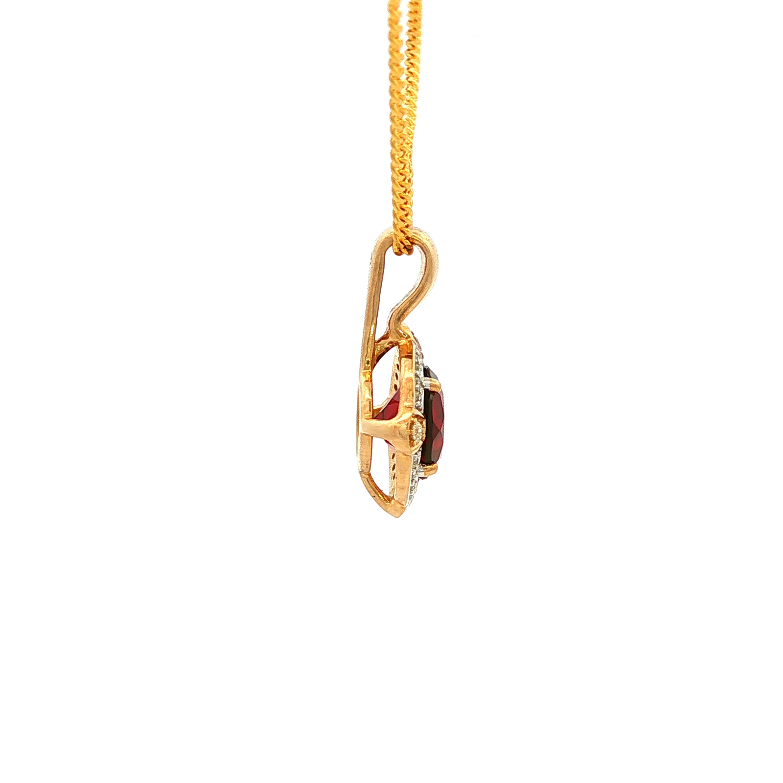 Four Claw Round Garnet and Diamond Pendant in Yellow Gold