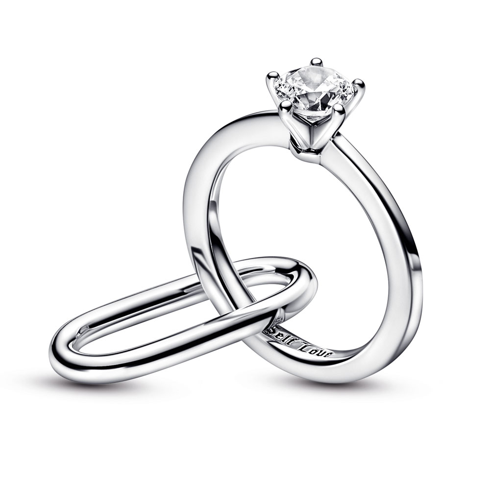 Engagement ring sterling silver link with clear cubic zirconia