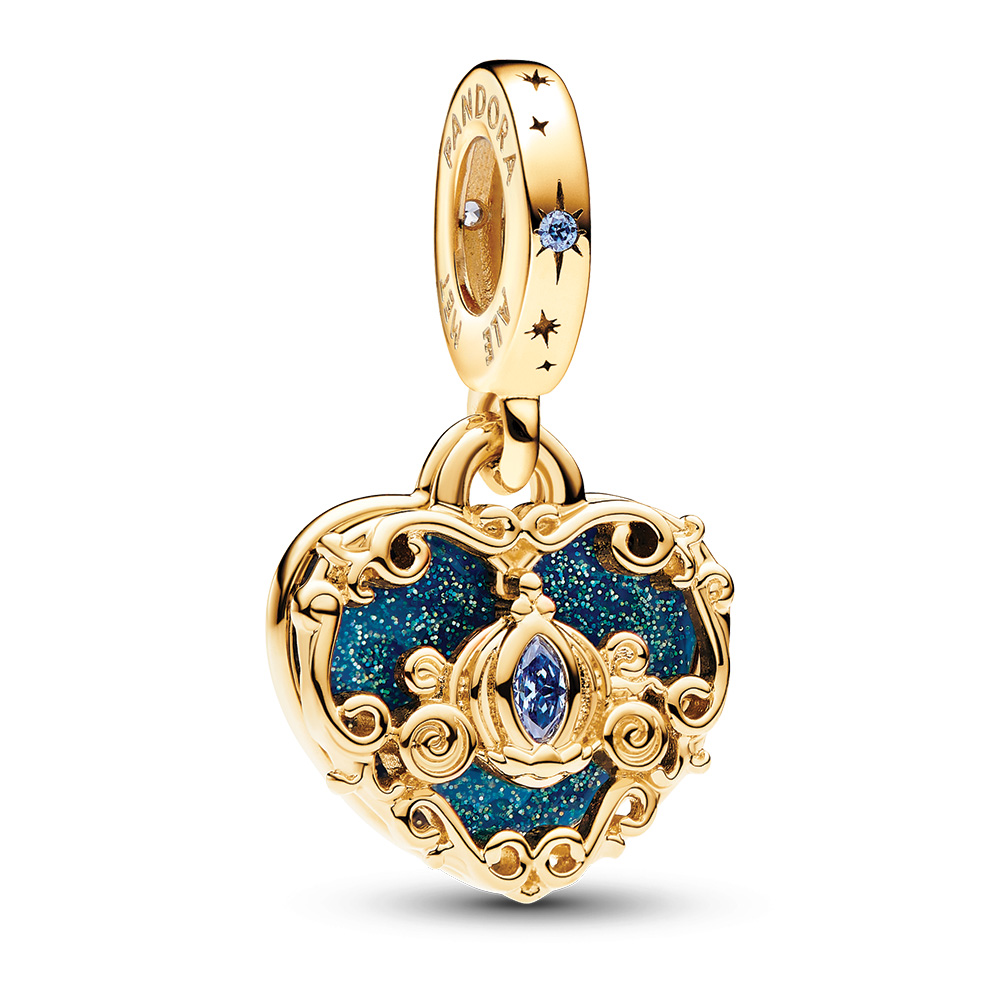Disney Cinderella heart 14k gold-plated double dangle with fancy light blue cubic zirconia and glittery blue enamel