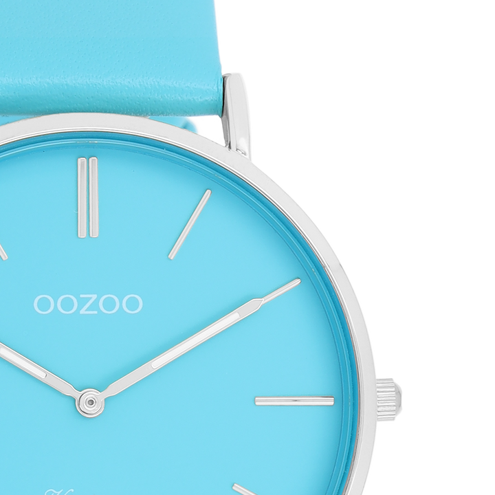 Silver Coloured Oozoo Watch With Bright Blue Leather Strap