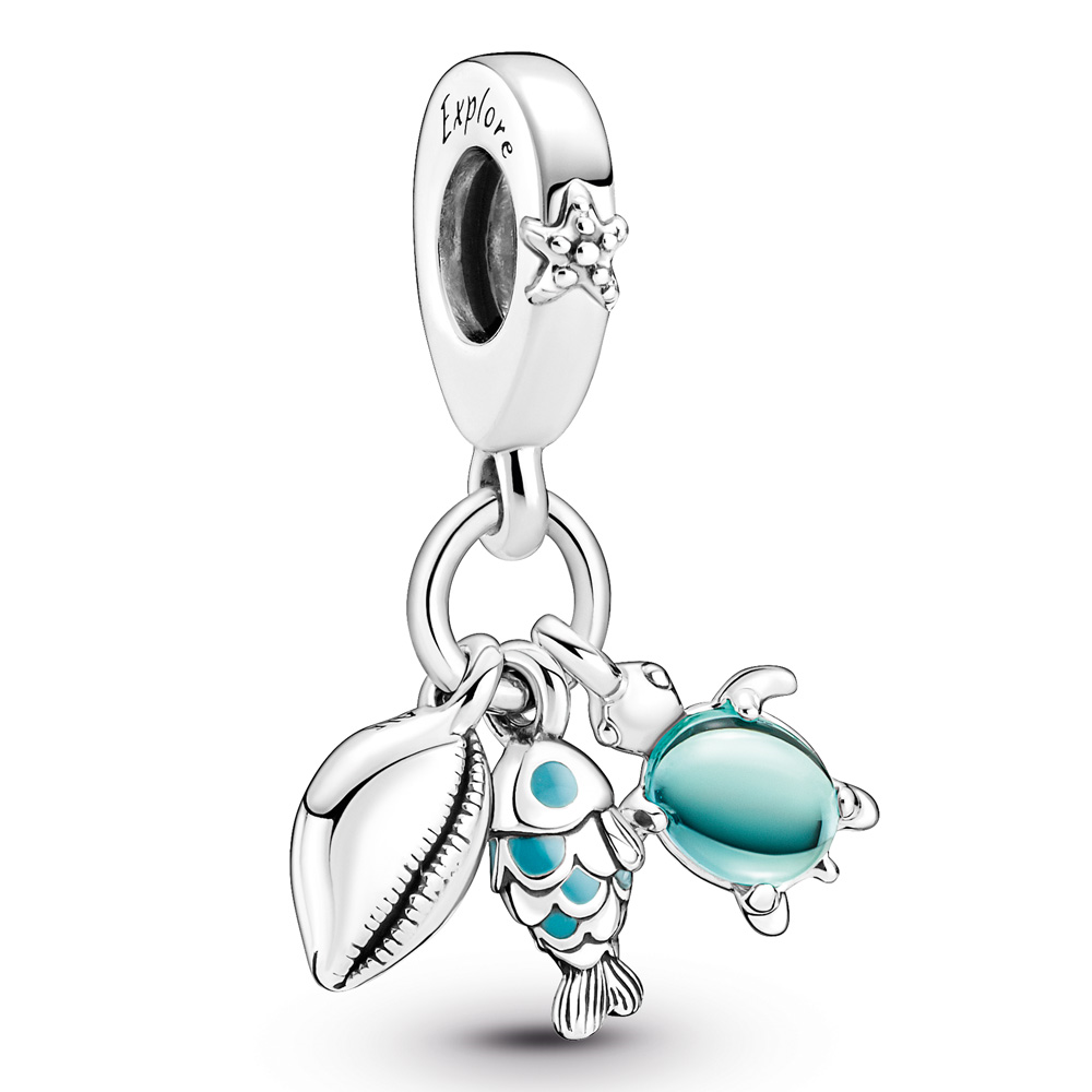 Fish, turtle and shell sterling silver dangle with bi-color green blue Murano glass and turquoise enamel