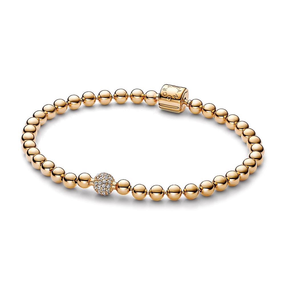 Pandora logo 14k gold-plated bracelet with clear cubic zirconia