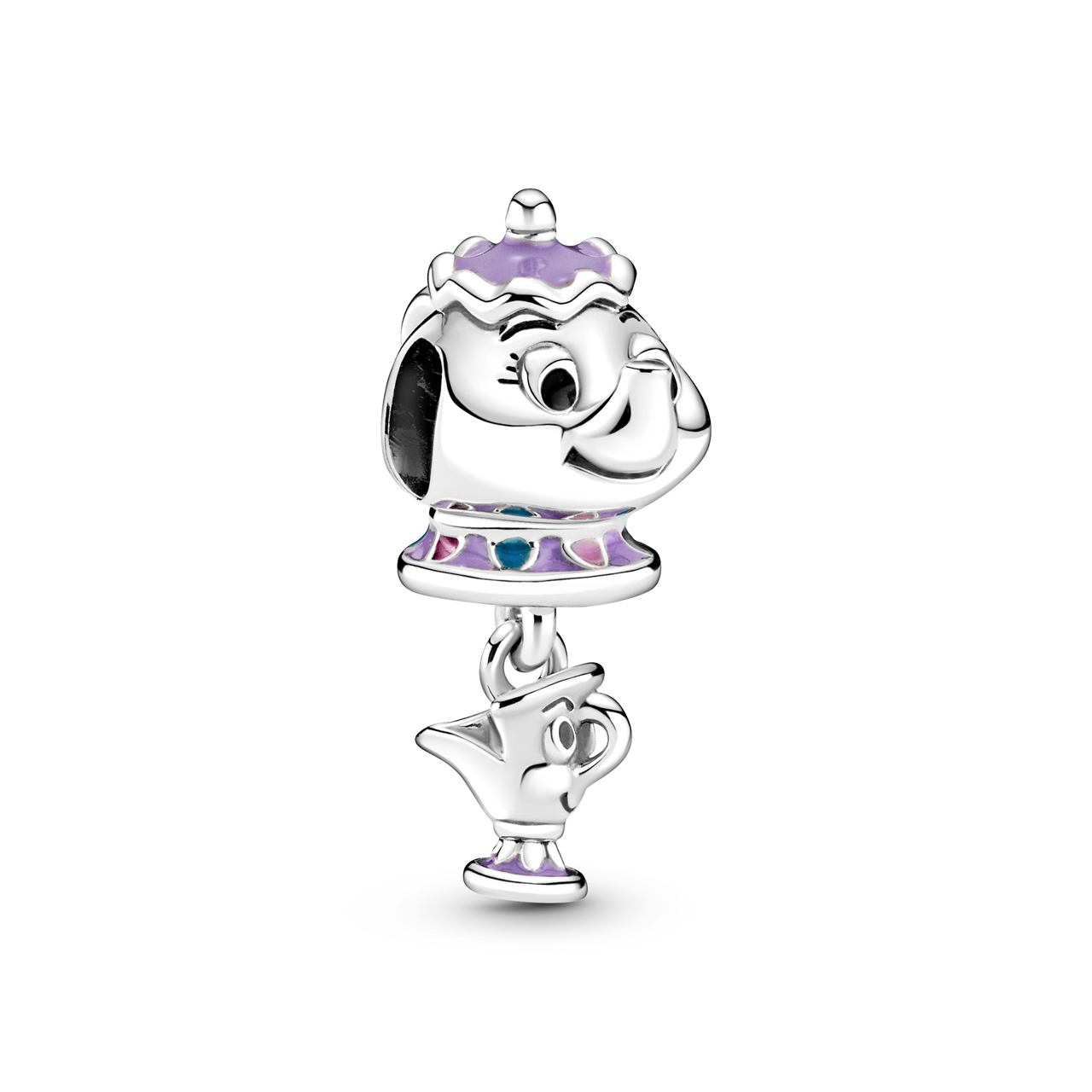 Disney Mrs. Potts and Chip sterling silver charm with purple, pink, blue and black enamel