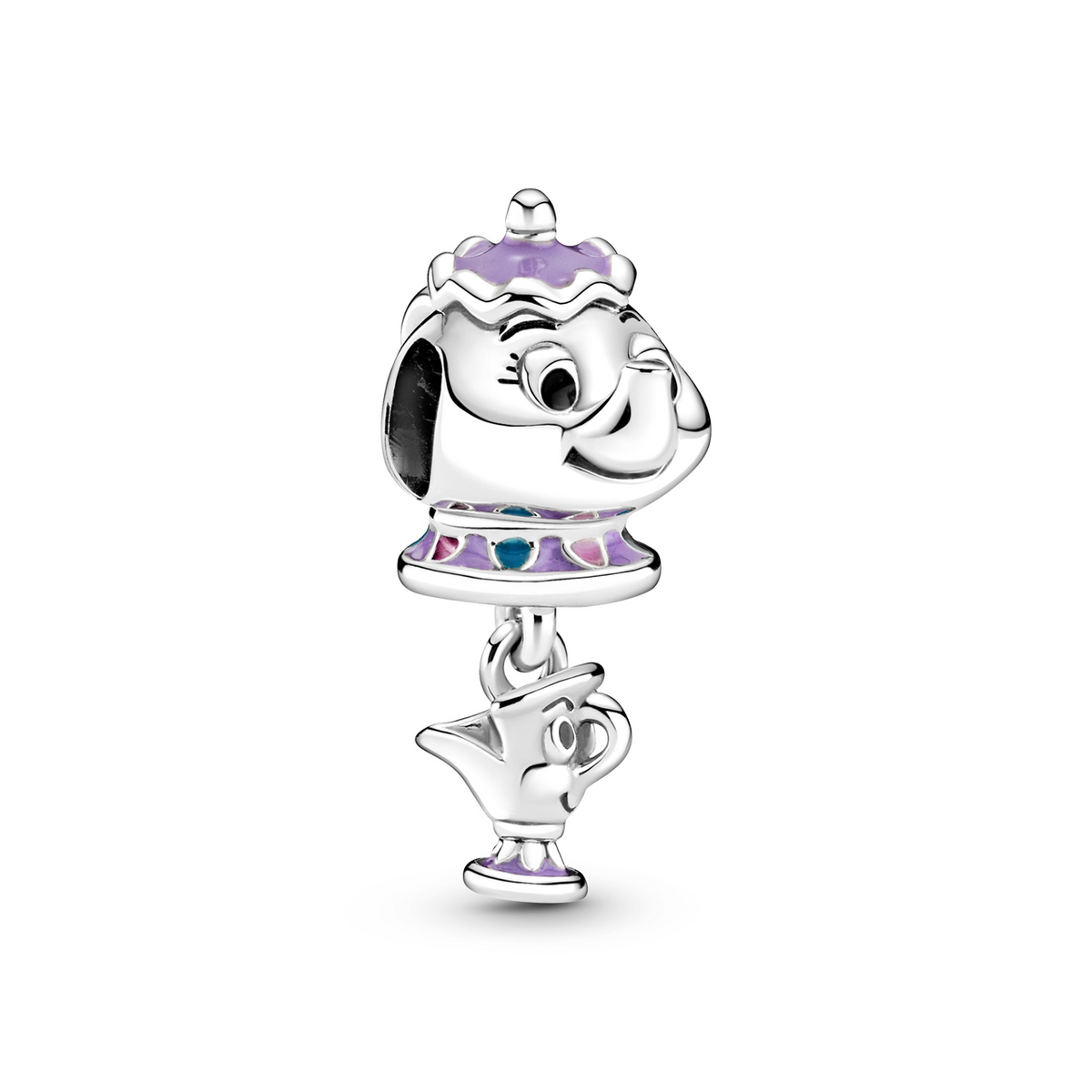 Disney Mrs. Potts and Chip sterling silver charm with purple, pink, blue and black enamel