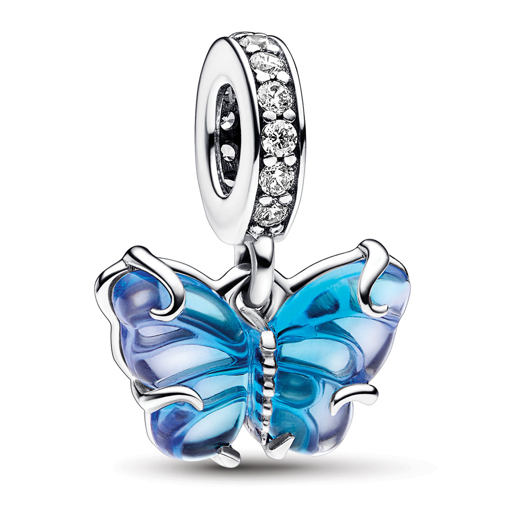 Butterfly sterling silver dangle with bi-colour blue Murano glass and clear cubic zirconia