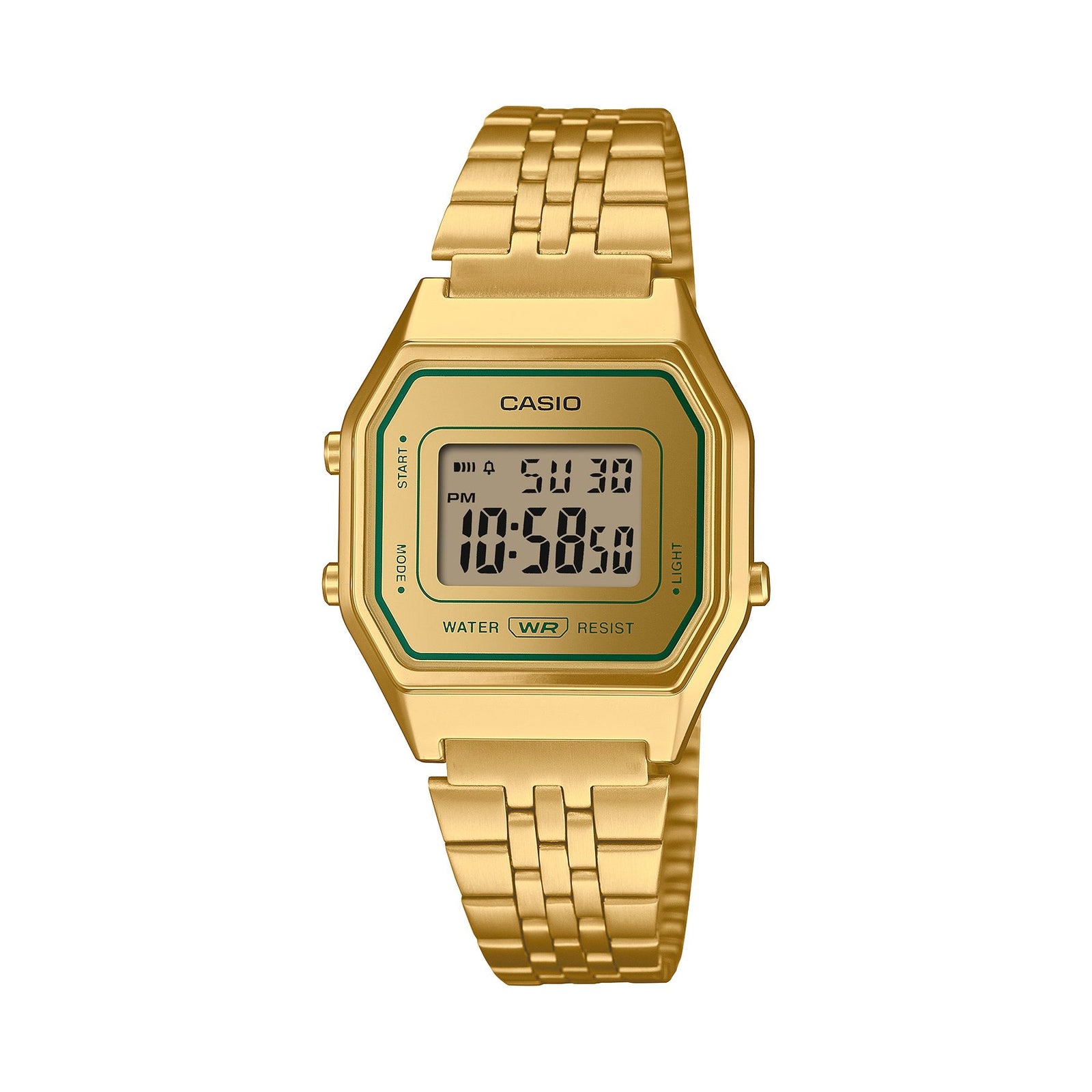 Casio Ladies Digital Green Accent S/Watch Gold Face and S/Steel Band