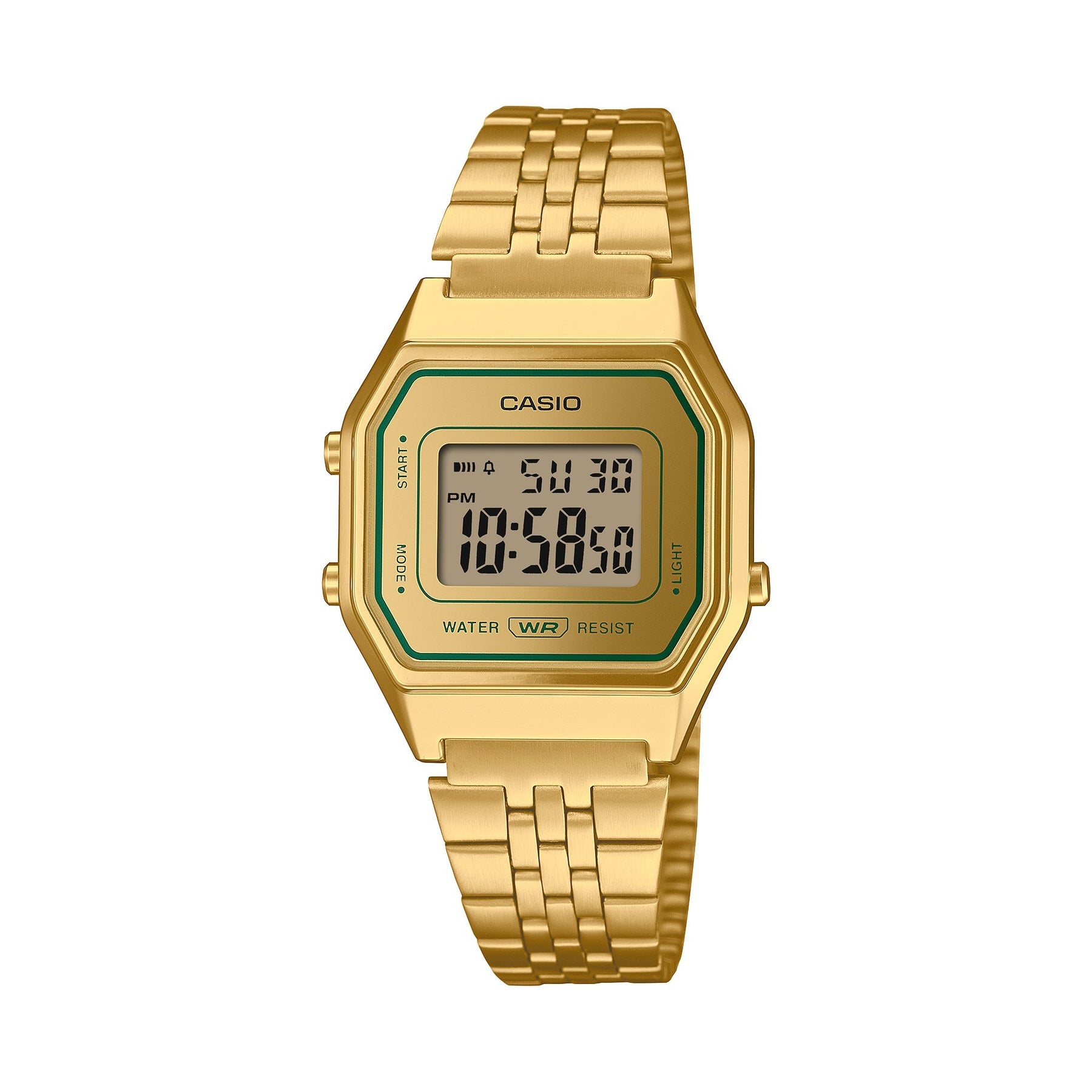 Casio Ladies Digital Green Accent S/Watch Gold Face and S/Steel Band