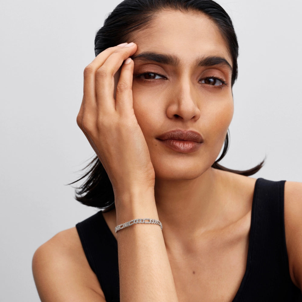 Oval cuban chain sterling silver bracelet with clear cubic zirconia