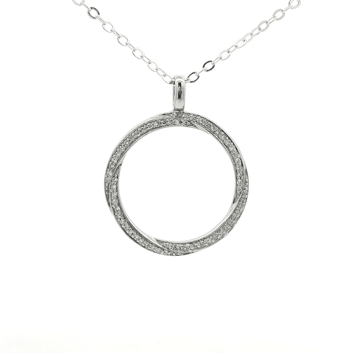 White Gold Over Silver Round Cut Diamond Circle Pendant Necklace