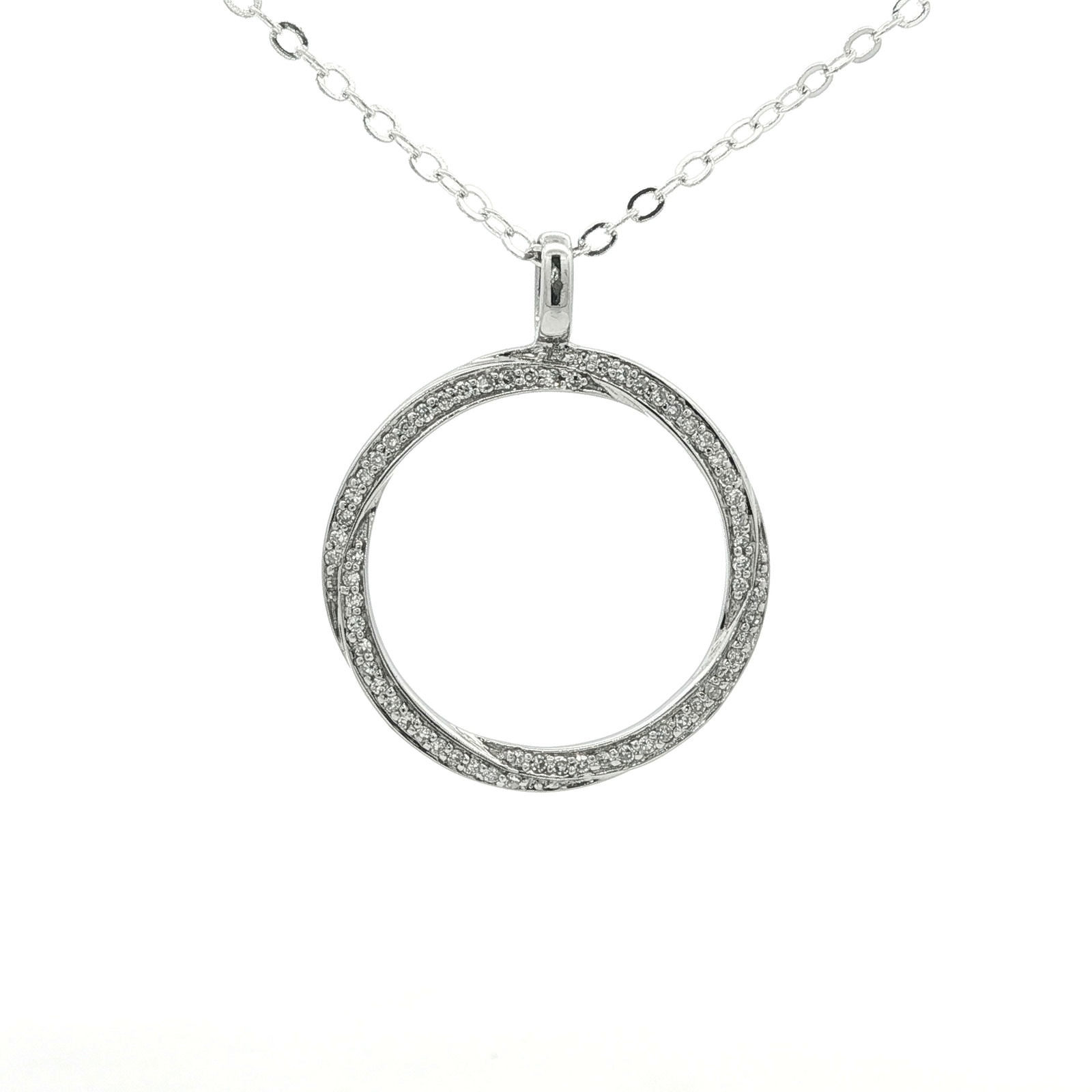 White Gold Over Silver Round Cut Diamond Circle Pendant Necklace
