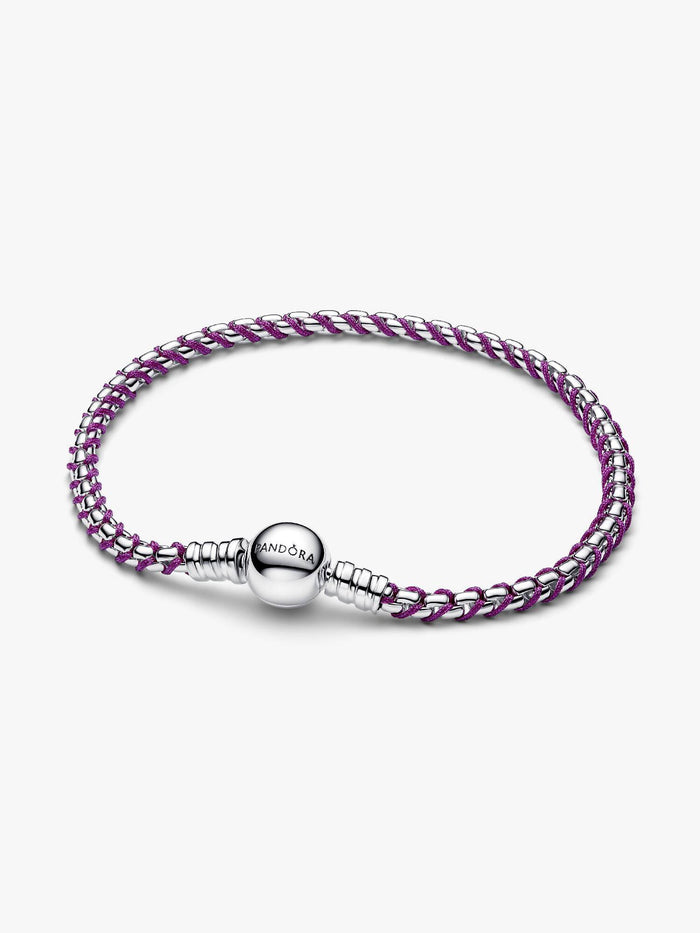 Braided sterling silver box chain bracelet with purple textile cord