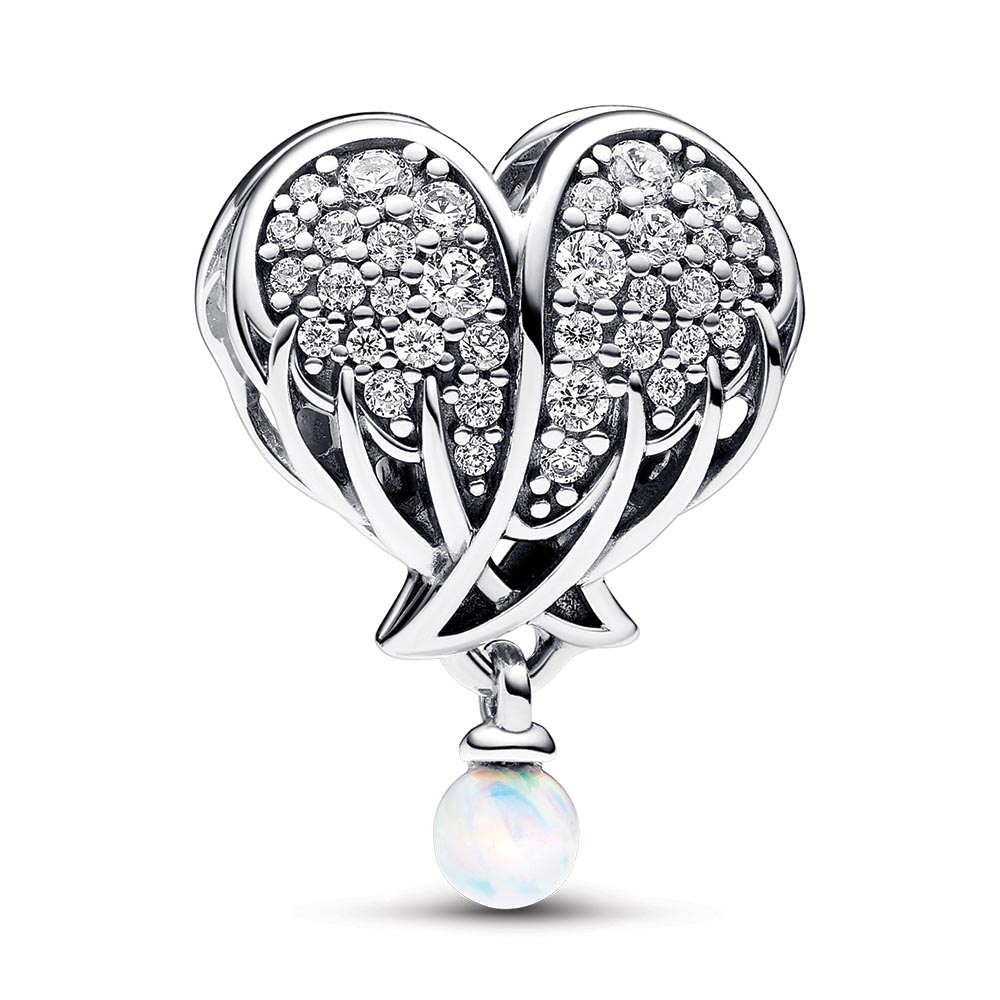 Angel wing heart sterling silver charm with clear cubic zirconia and white lab-created opal