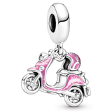 Pink Motorcycle & Helmet Silver Hanging Charm w pink enamel & clear CZ